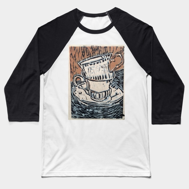 Teacup Woodcut Print Baseball T-Shirt by MLPappas